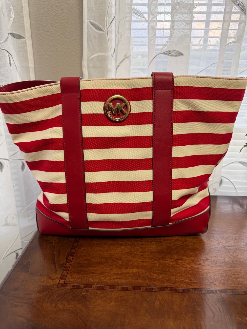 Michael Kors Red and Cream Striped Canvas Tote with Gold MK Emblem